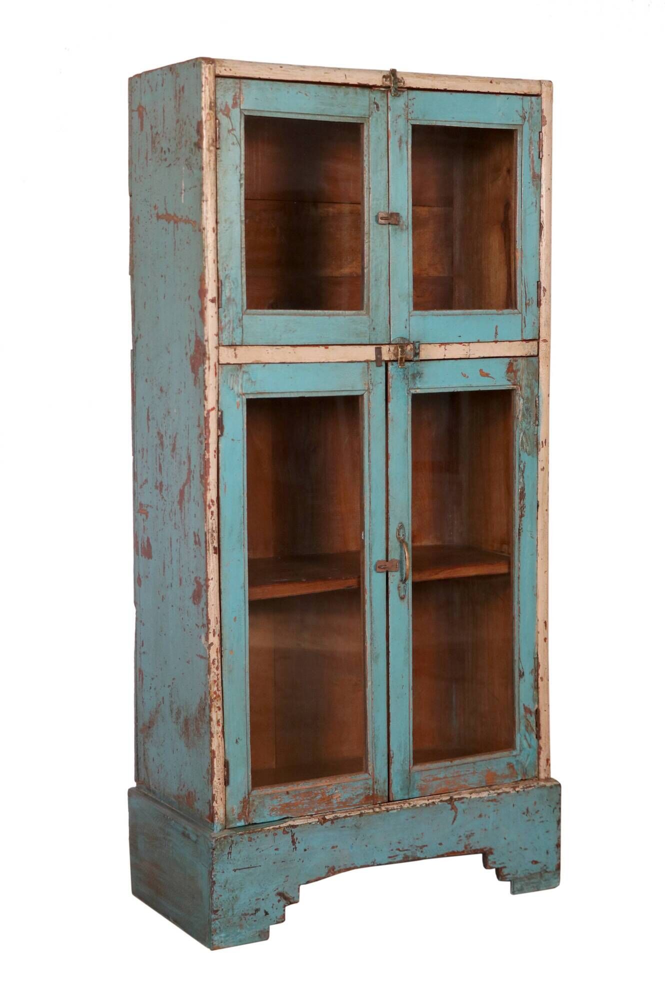 Old art deco showcase in original turquoise-white patina burmese teak