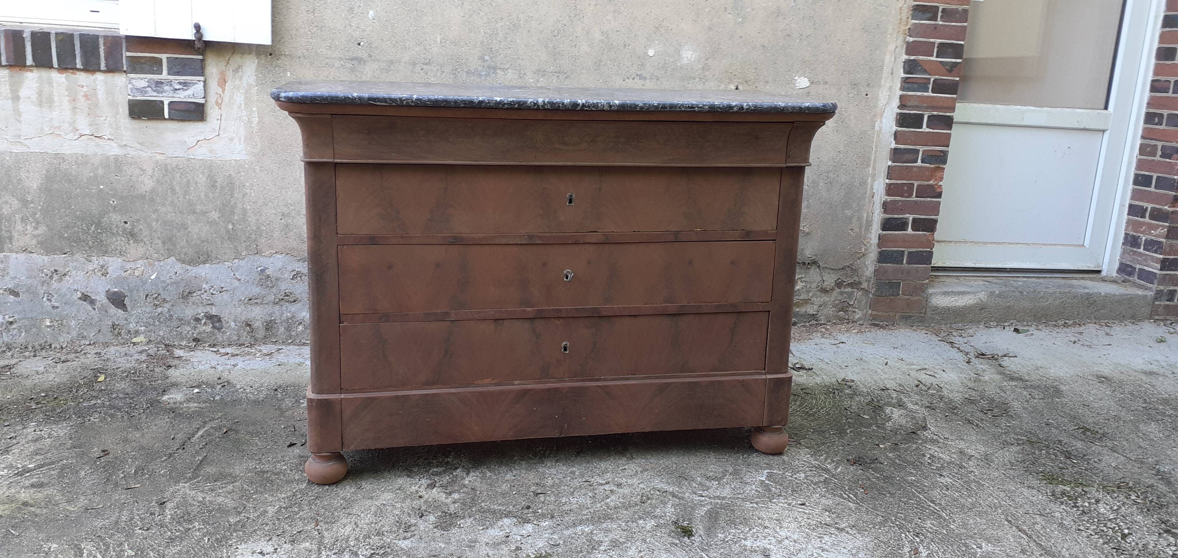 Louis Philippe style chest of drawers 4 drawers gray marble walnut raw wood