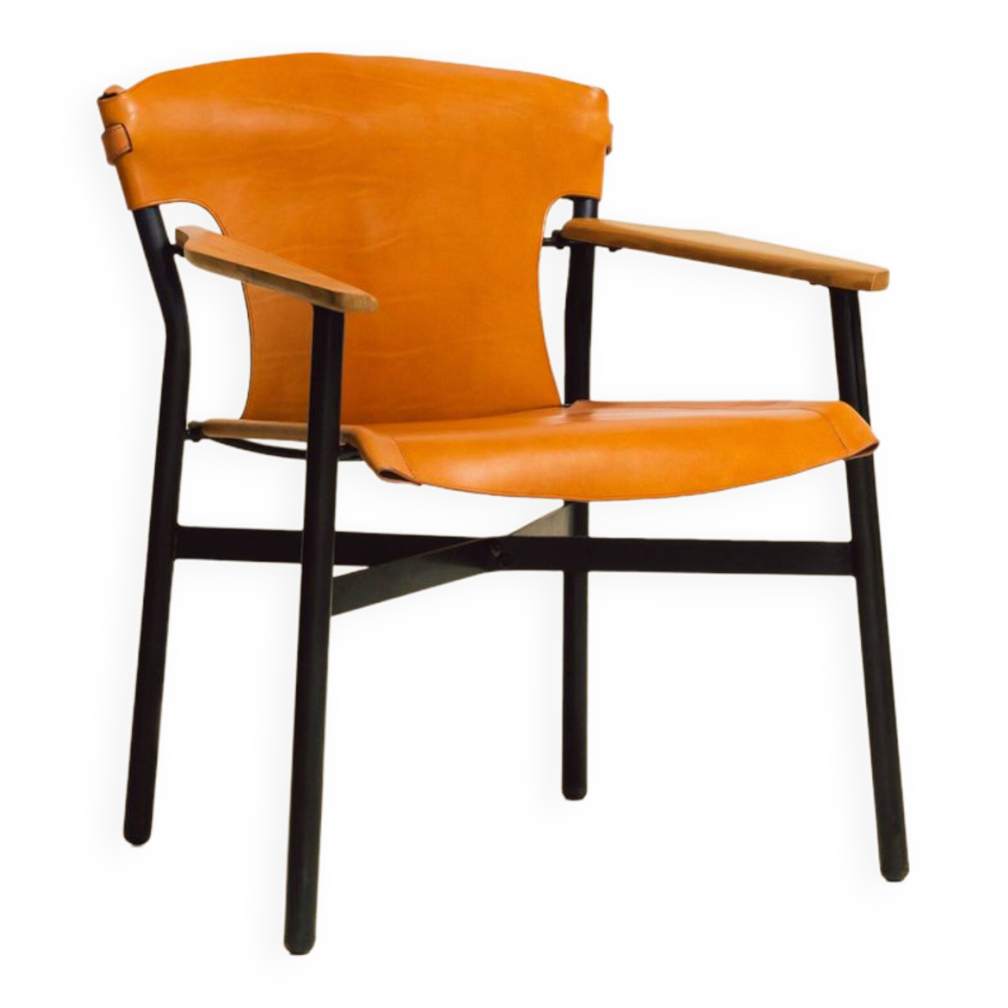 Maërl armchair, Galathée model, natural leather, solid wood armrests of your choice