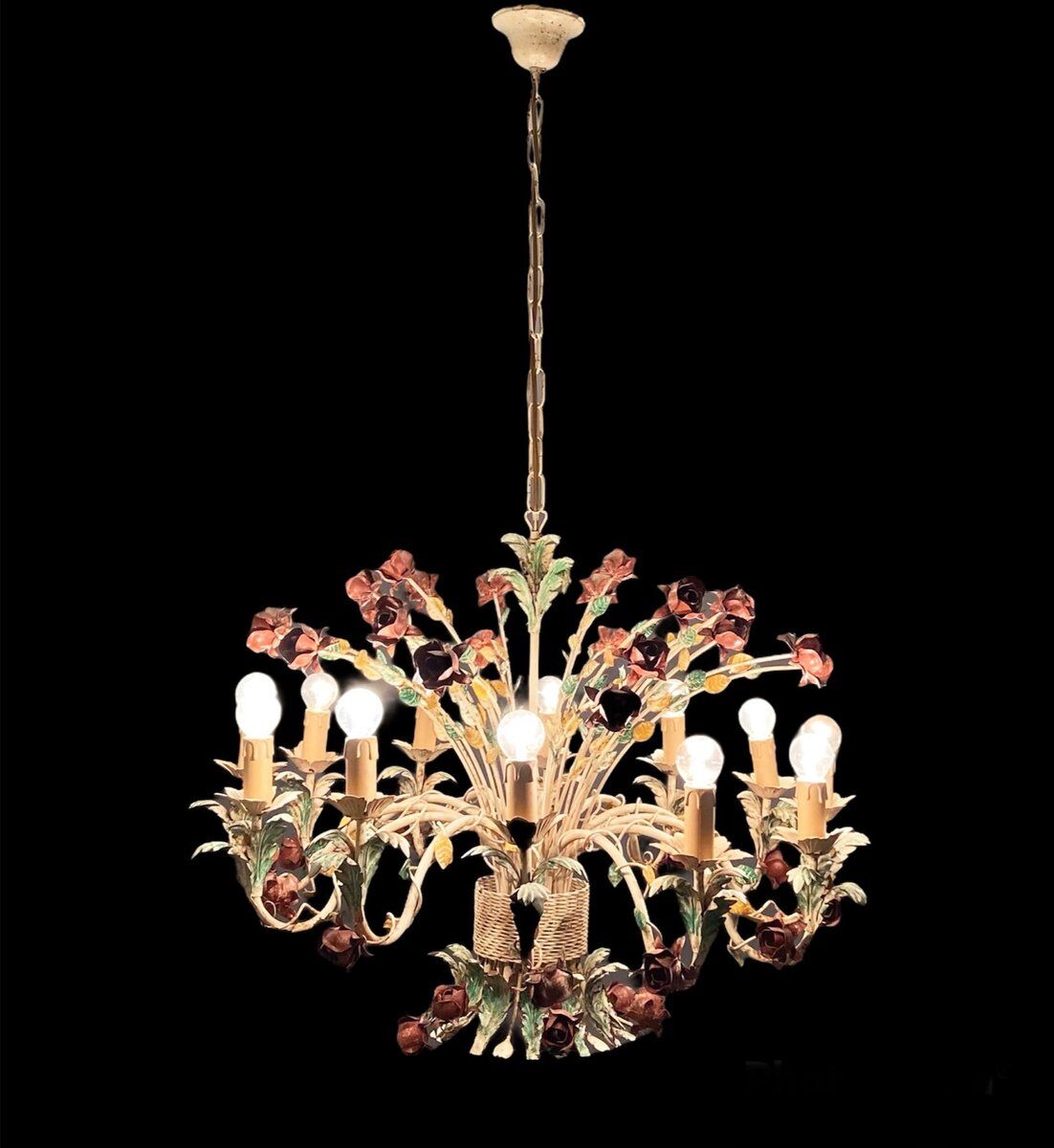 Large Vintage Italian Tole Flower Chandelier with 12 Lights