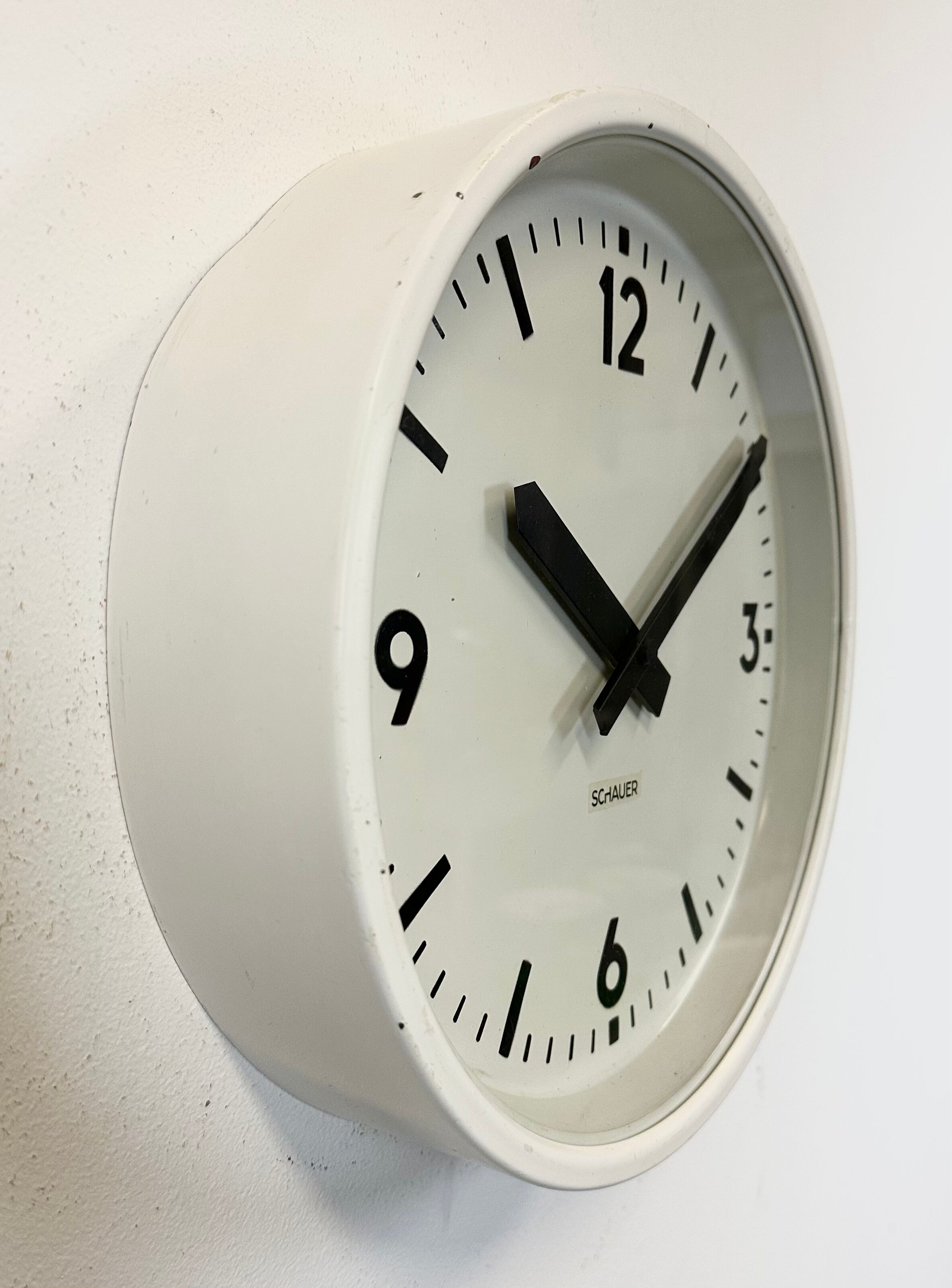 White industrial austrian factory wall clock from Schauer, 1960s
