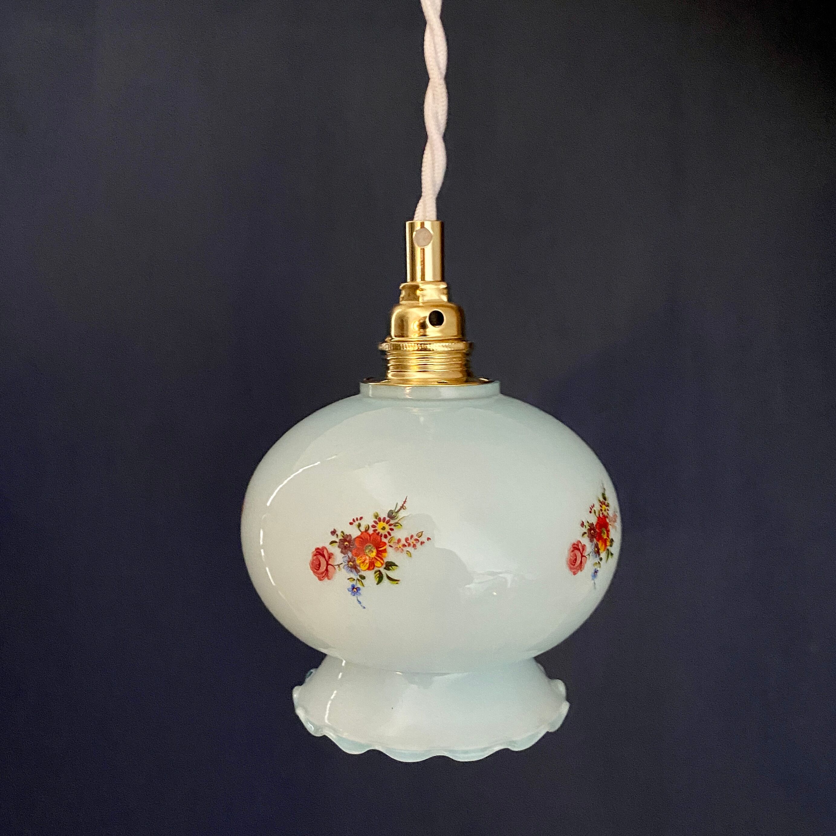 Vintage blue opaline tulip ride with flower design