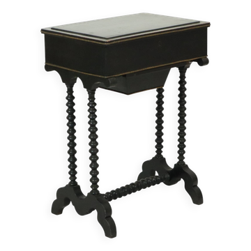 Antique black lacquered sewing table, mahogany side table, 19th century.