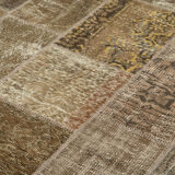 Hand-knotted turkish vintage 198 cm x 300 cm brown patchwork carpet
