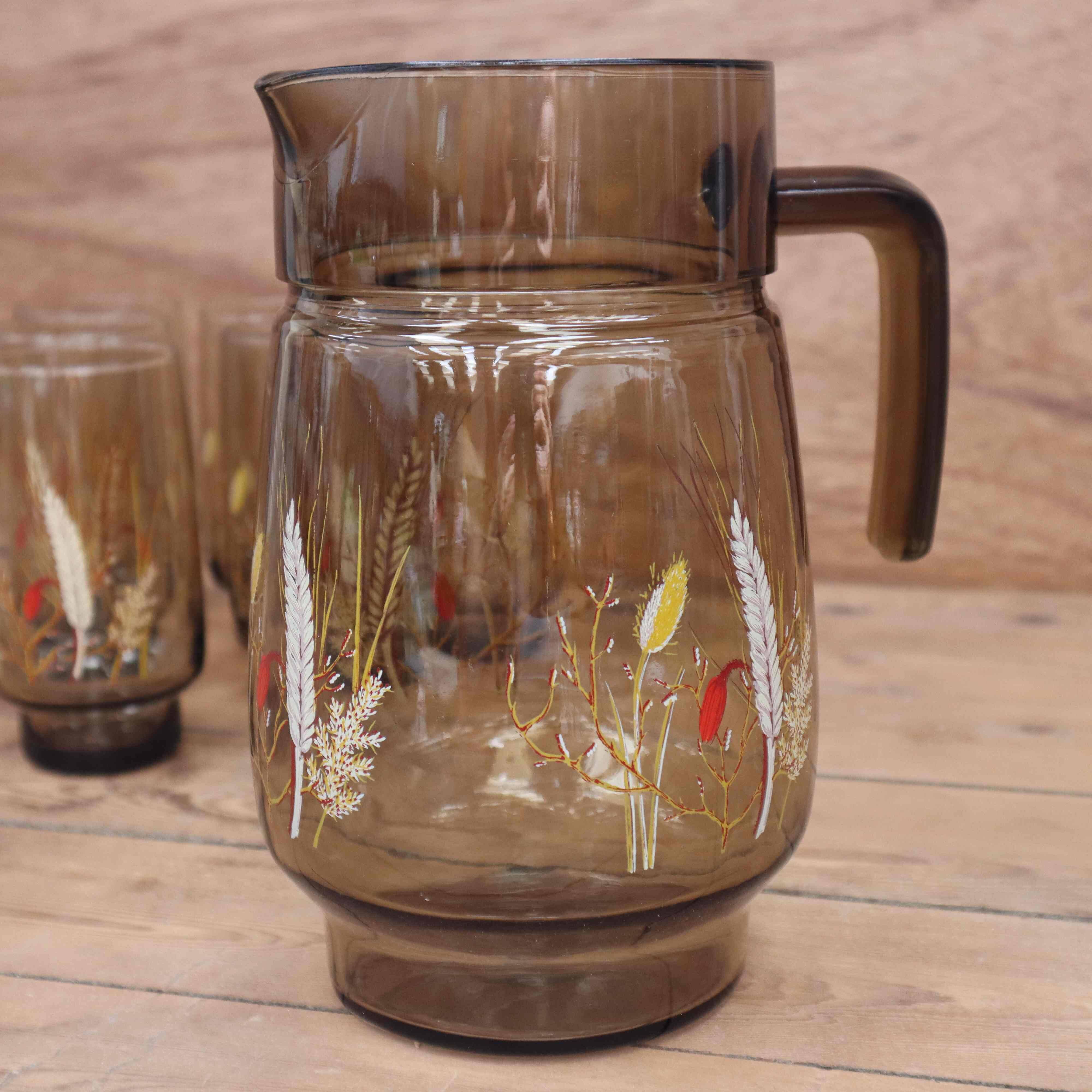 Set of 6 Orangeade Glasses and Smoked Pitcher with Arcoroc Ear of Wheat Decor