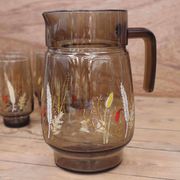 Set of 6 Orangeade Glasses and Smoked Pitcher with Arcoroc Ear of Wheat Decor