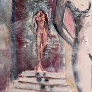 Oil on canvas by Véronique Maude Fini, woman descending a staircase.