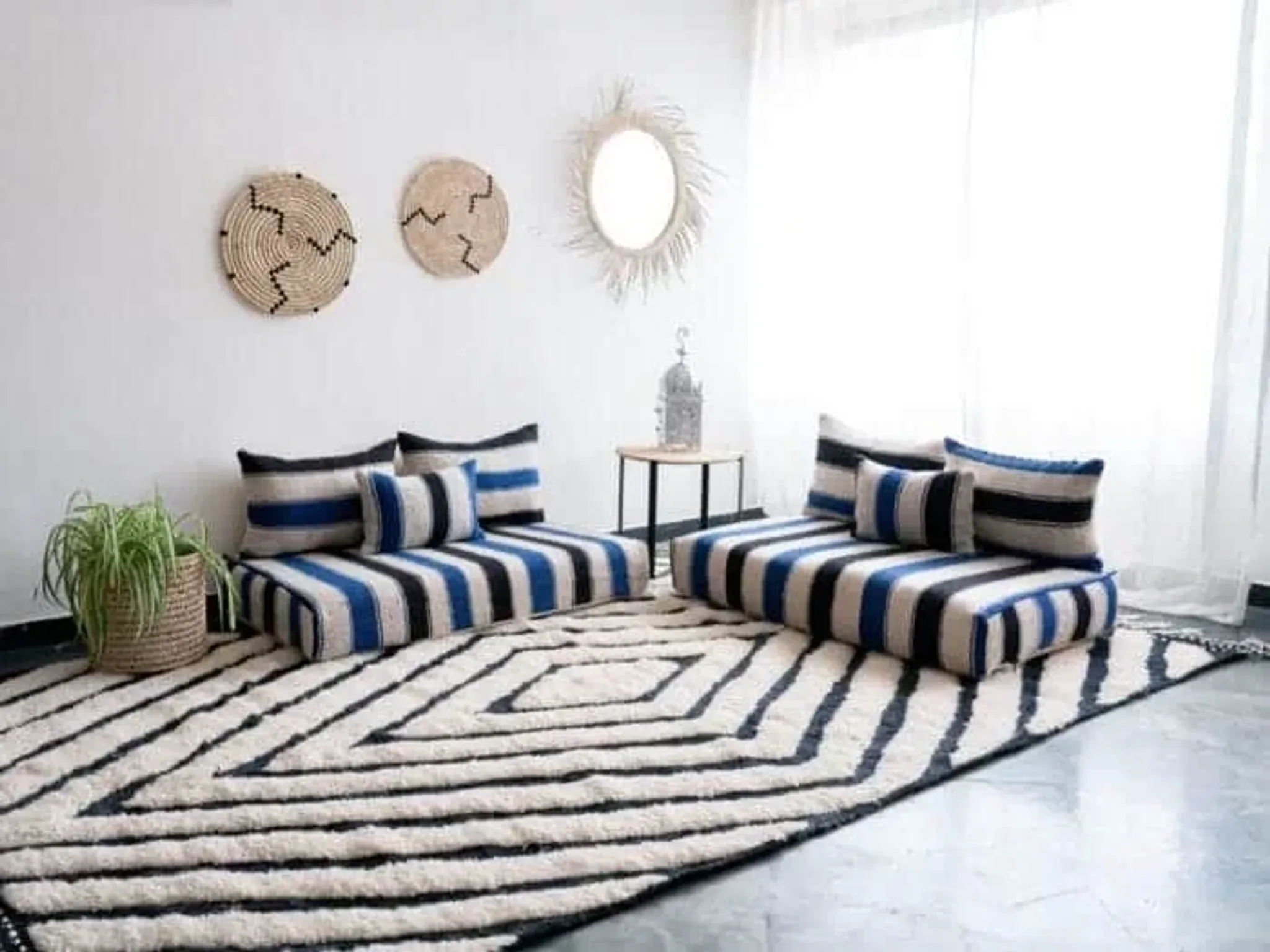 Handmade Moroccan blue and black floor cushion 120x70cm