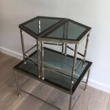 Rare three-part nickel coffee table with lacquered glass tops around the perimeter