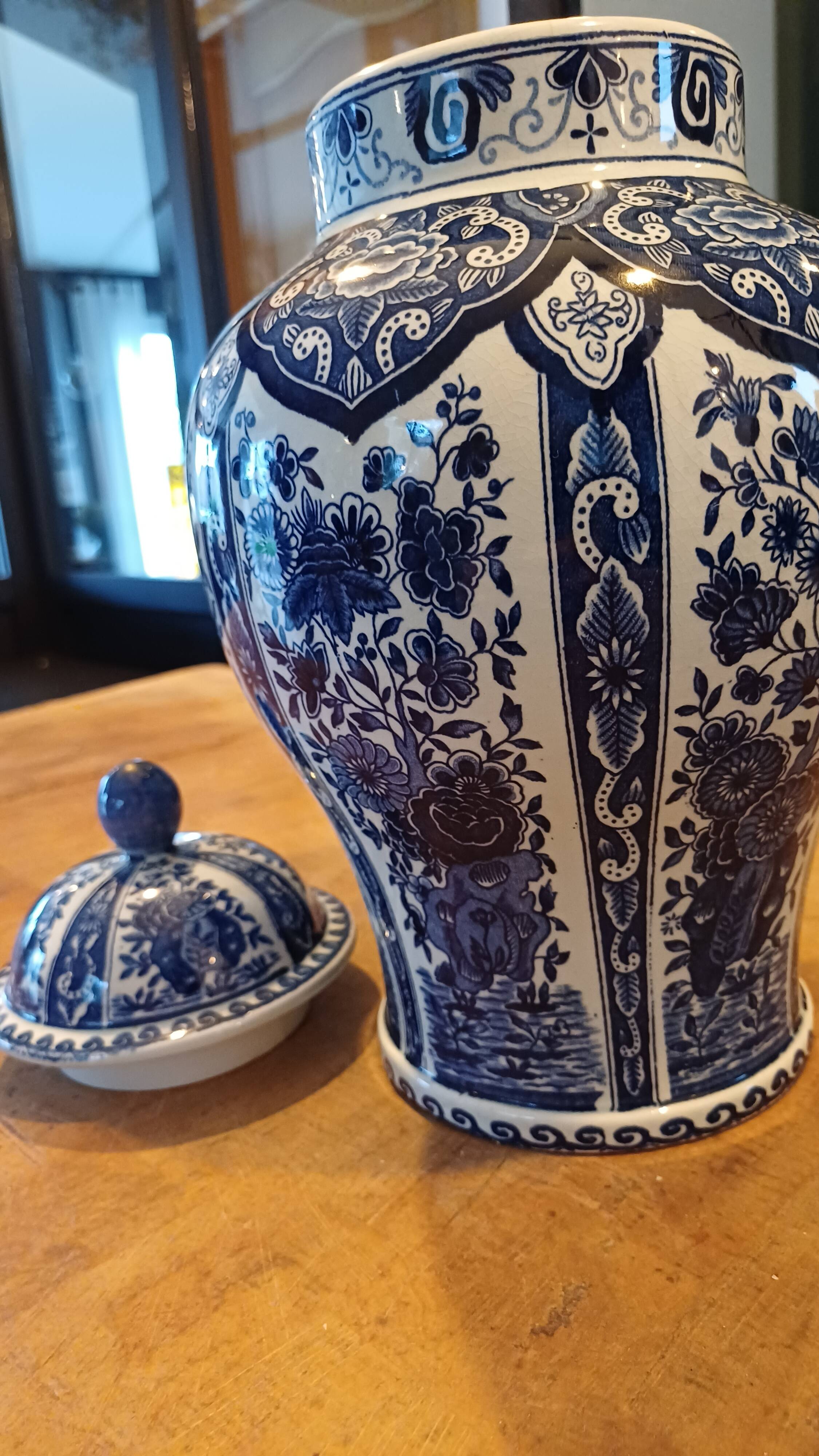 Royal Sphinx Delft blue porcelain vase with Boch lid