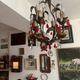 Antique chandelier in gilded sheet metal and red and white crystal pendants, 1900