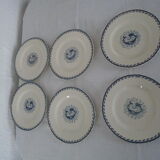 6 flat plates K - G Lunéville original blue decoration "G" old faience