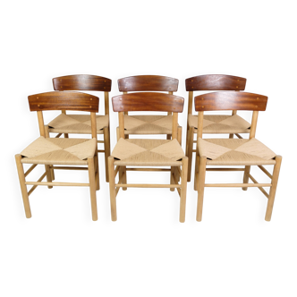 Ensemble de 6 chaises de salle à manger modèle J39 connu sous le nom de « Folke Chair » fabriquées en teck et chêne par Børge Mogensen