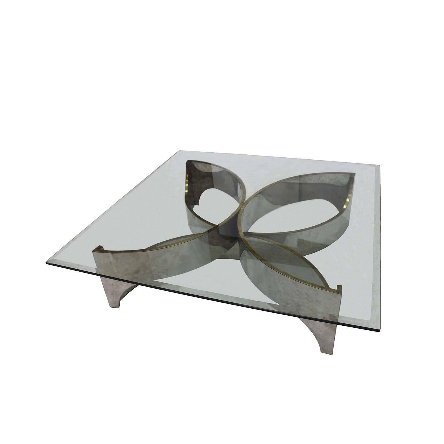 Mid Century Modern Square Center Table, Chrome Metal and Glass Top