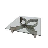 Mid Century Modern Square Center Table, Chrome Metal and Glass Top