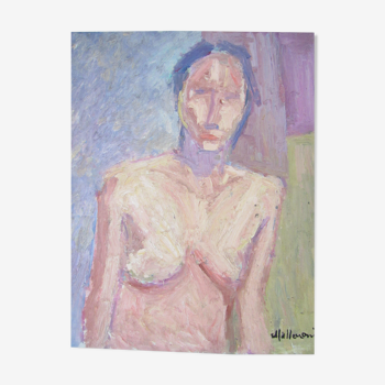 Huile sur panneau expressionniste signée portrait de femme nue