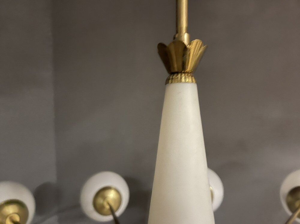 Opaline glass & brass sputnik chandelier with 12 lights, 1970s