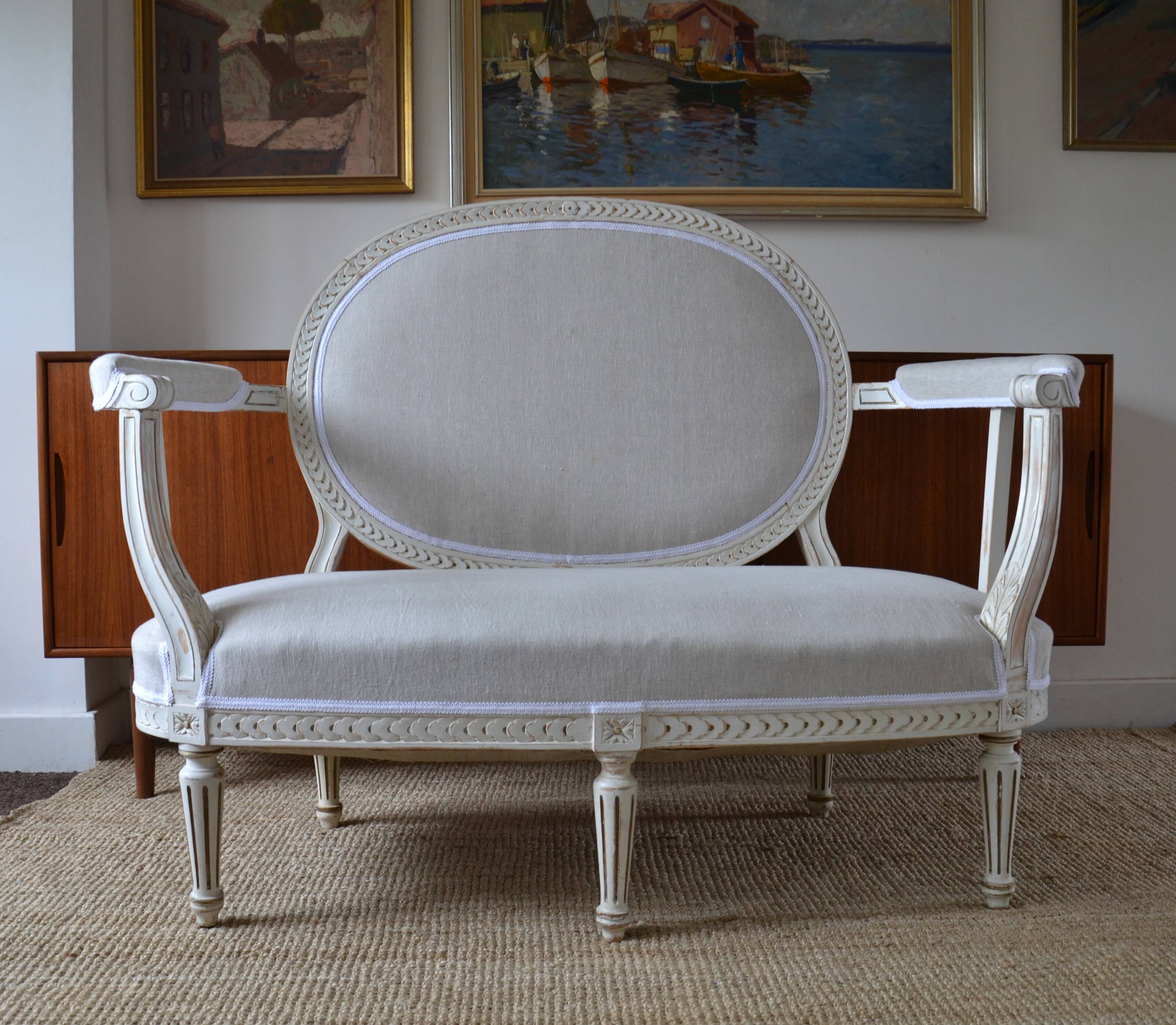 Swedish gustavian sofa white pastel and linen, 19th century