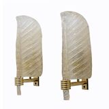Pair of Barovier & Toso Style Mid-Century "Graniglia" Murano Glass Leaf Sconces