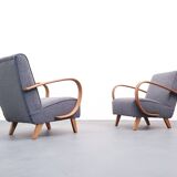 Jindrich Halabala armchair in curved wood, gray bouclette, 1930
