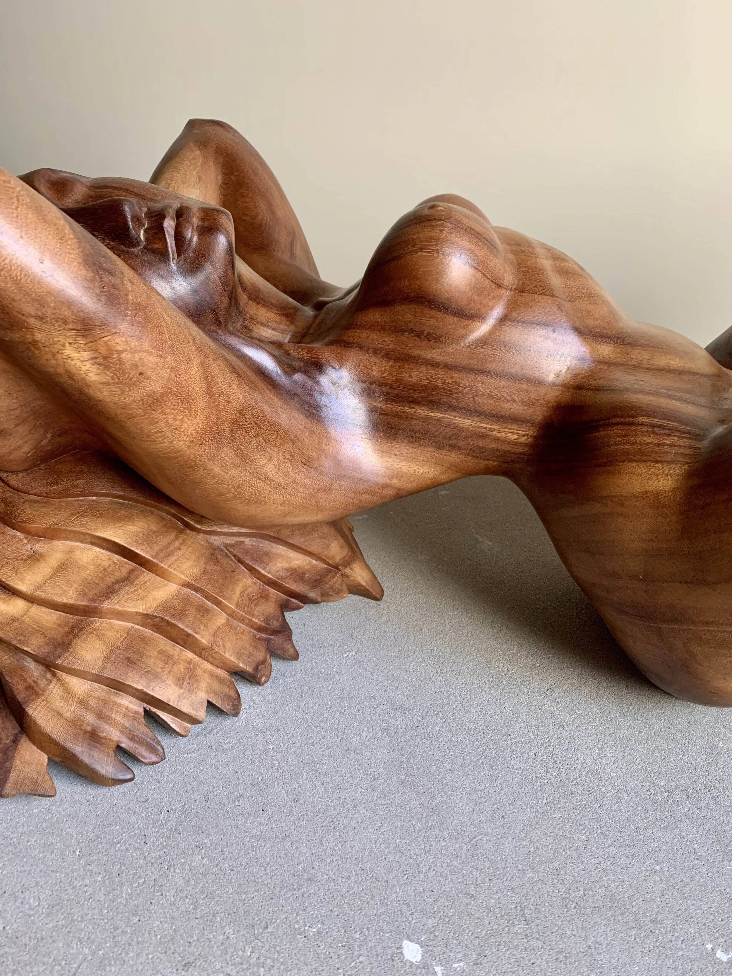 Vintage hand-carved wooden female nude sculpture coffee table