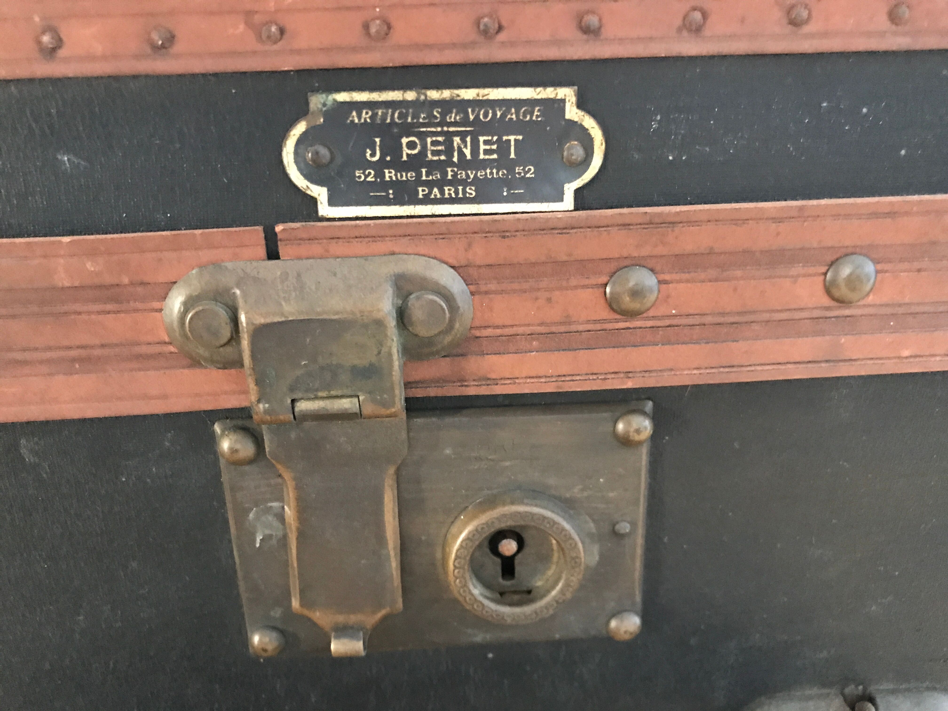 Old square travel trunk J Penet