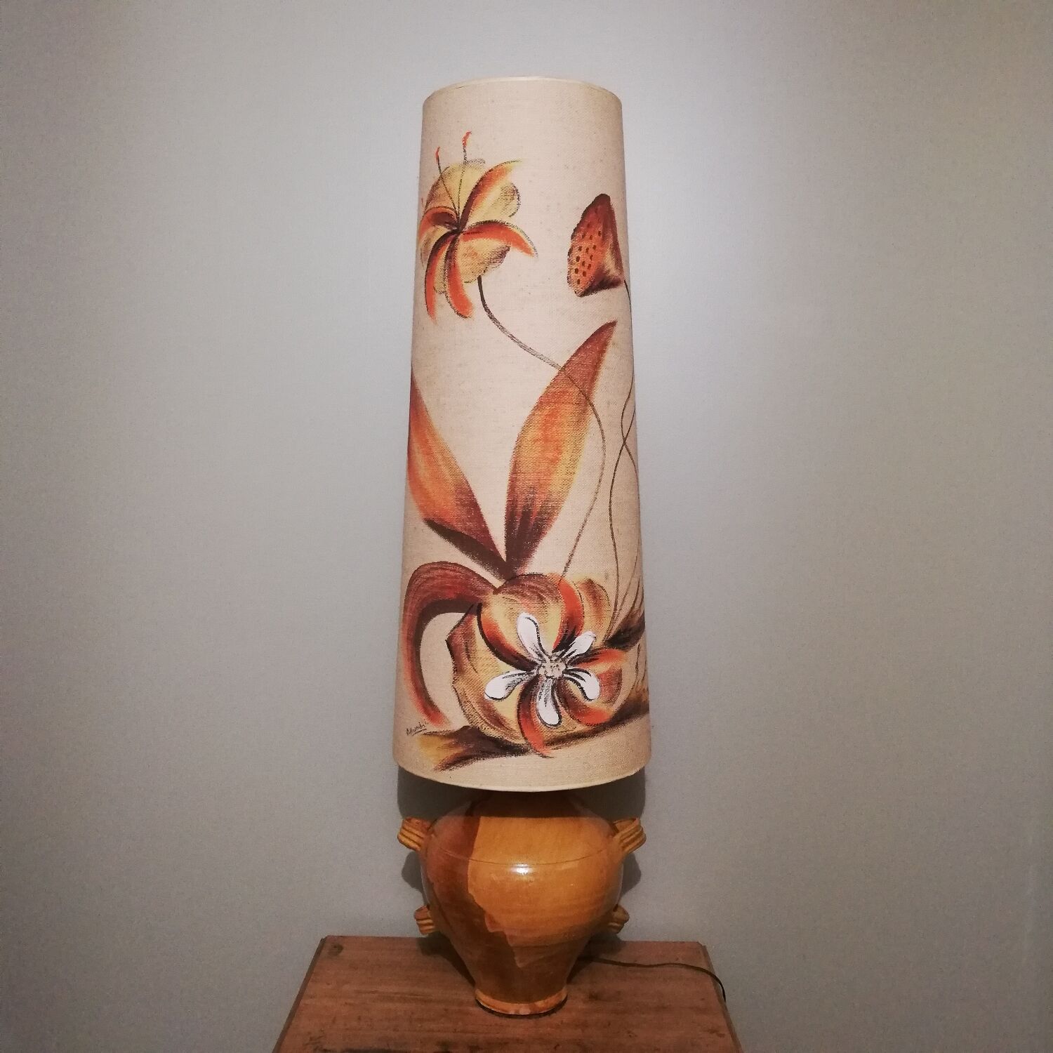Vintage glazed stoneware lamp with hand-painted lampshade