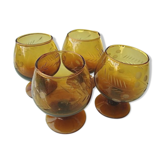 4 70s Engraved crystal amber cognac glasses