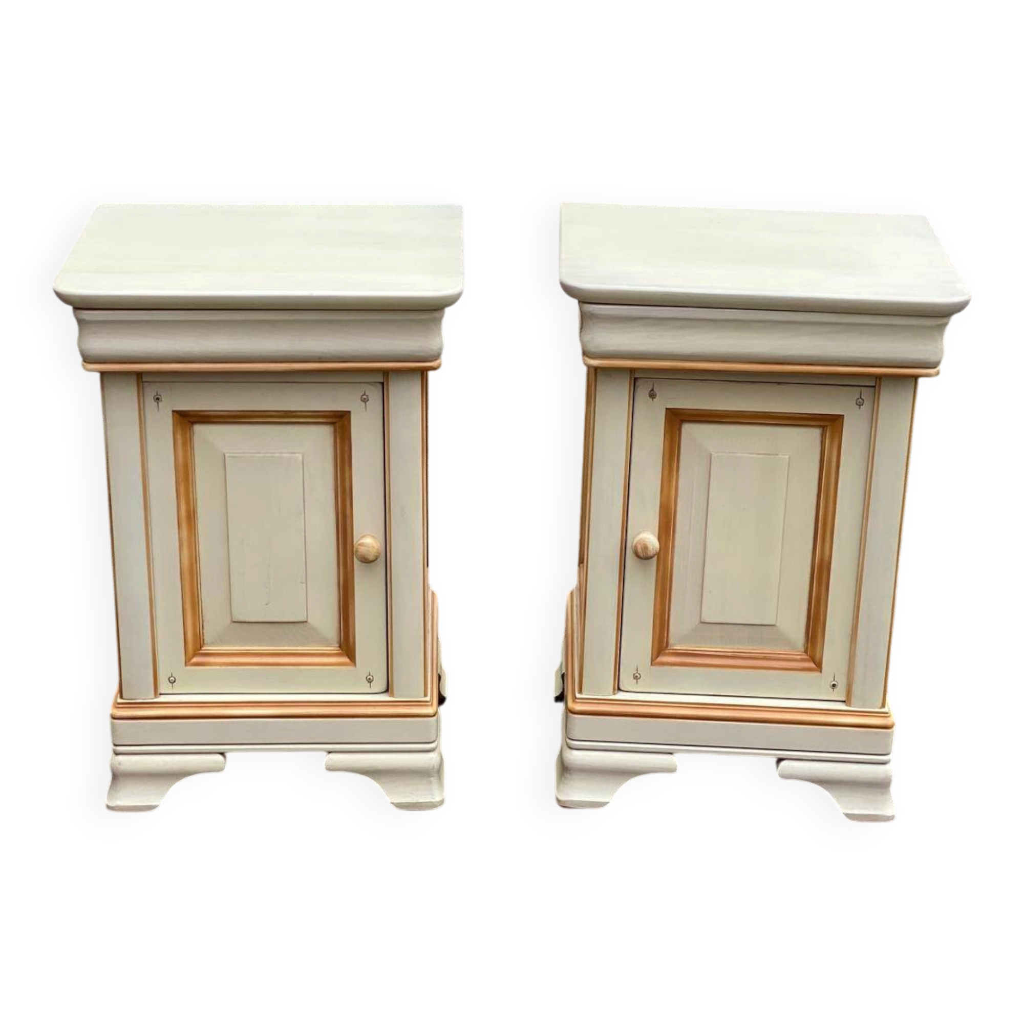 2 Louis Philippe bedside tables in solid beige wood.