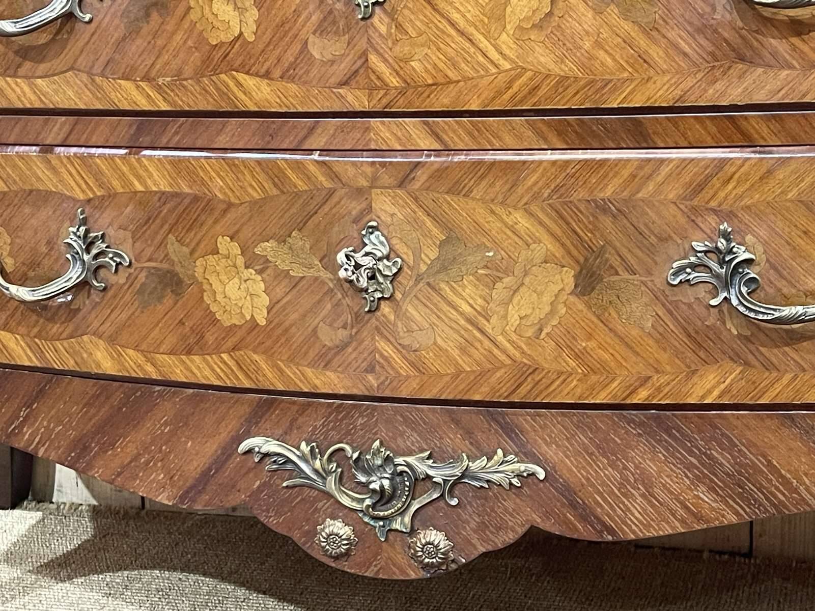 Louis XV style chest of drawers in rosewood, oak and marble top, made in the 70s