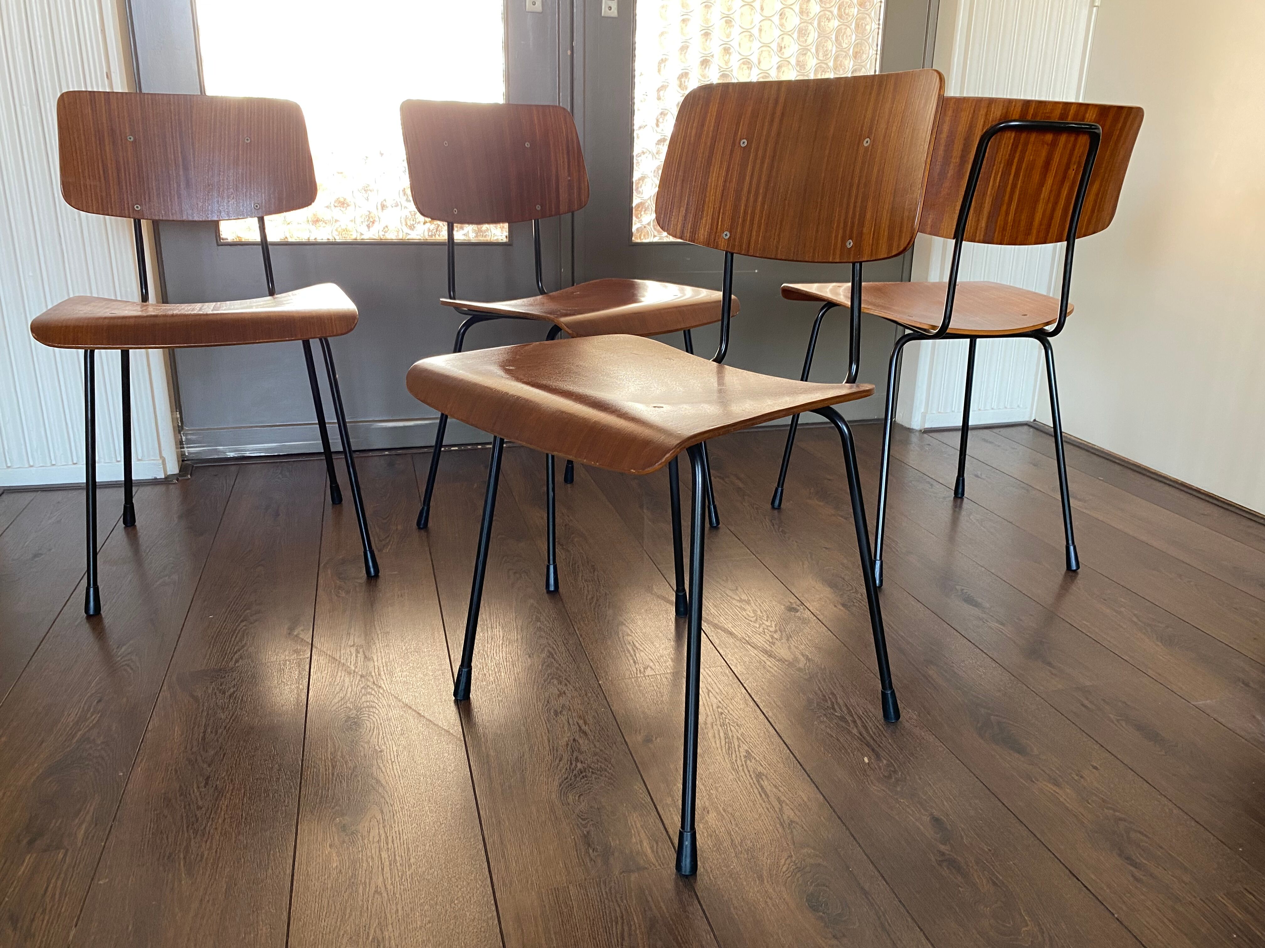 Set of 4 teak and steel dining chairs by Tjerk Reijenga for Pilastro 1950s