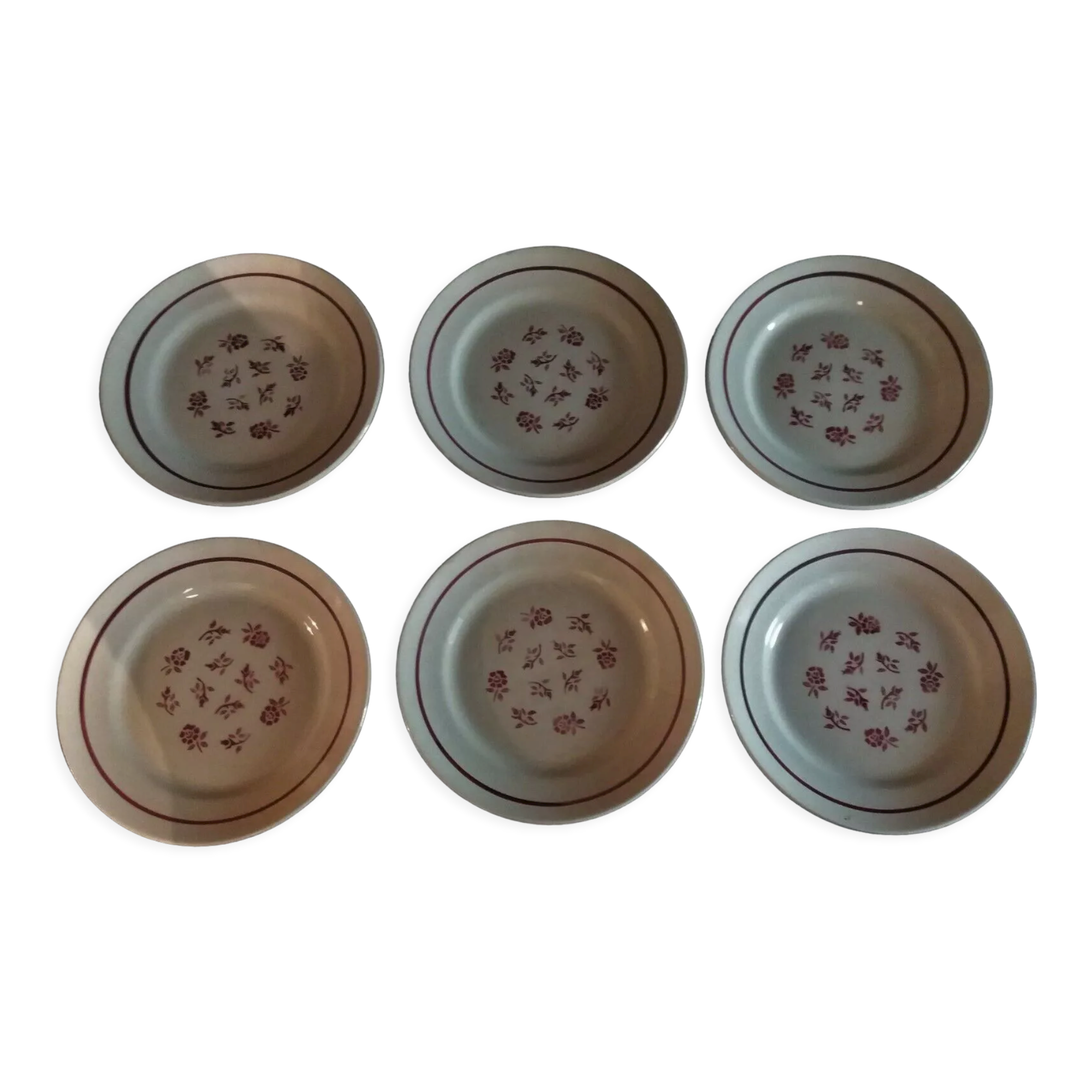 Série de six assiettes plates en faïence Pexonne modèle Alger