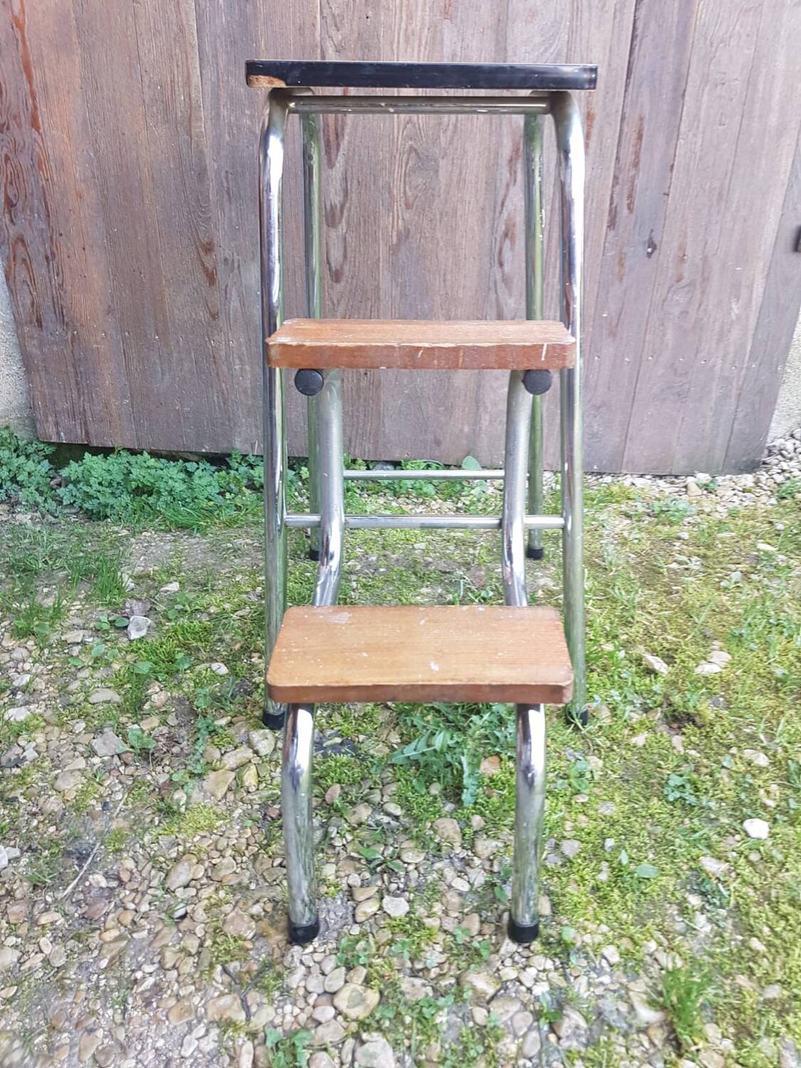Vintage formica wood metal leg step stool