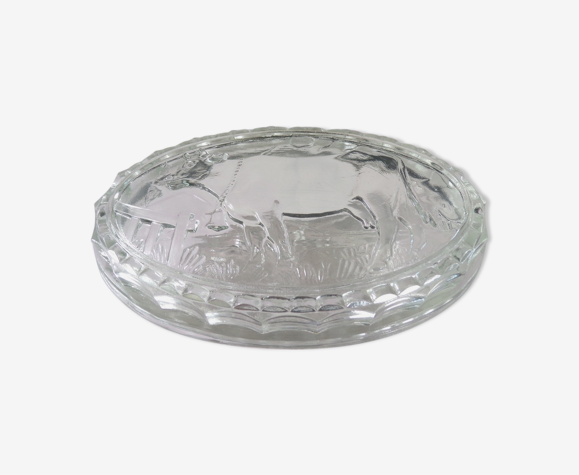 Beurrier en verre décor vache moulé vintage France