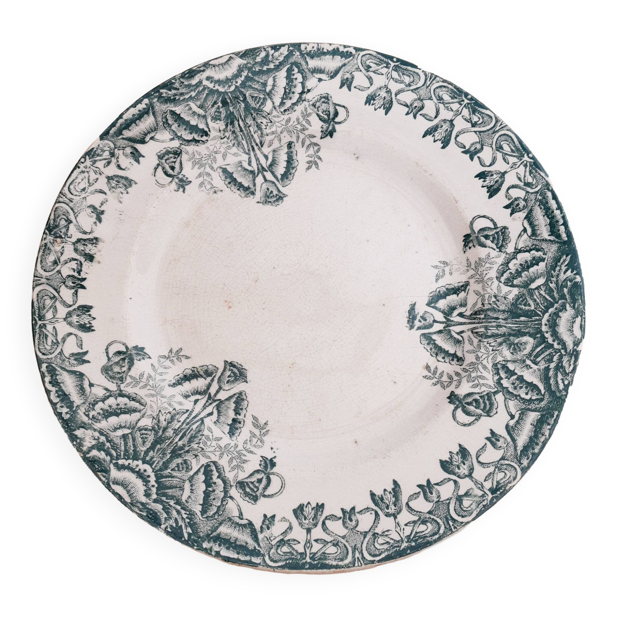 Flat plate Saint Amand, iron earth, A. Lebacqz & M. Bouchart, antique French