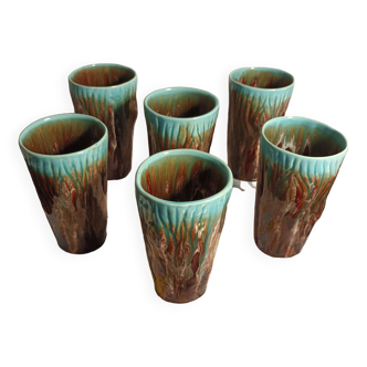 Mugs cups or glasses lot 6 from vallauris in old turquoise brown colors