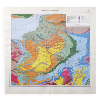 Old map of France Paris basin 43x43cm from 1950