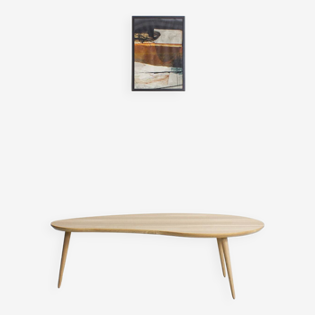 Bean-shaped coffee table in solid oak, vintage compass legs
