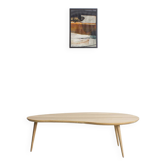 Bean-shaped coffee table in solid oak, vintage compass legs