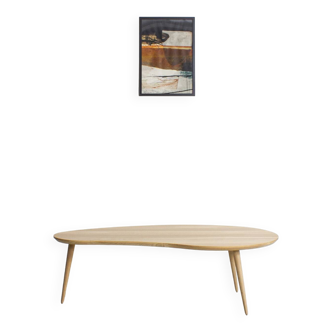 Table basse format haricot en chêne massif, pieds compas vintage
