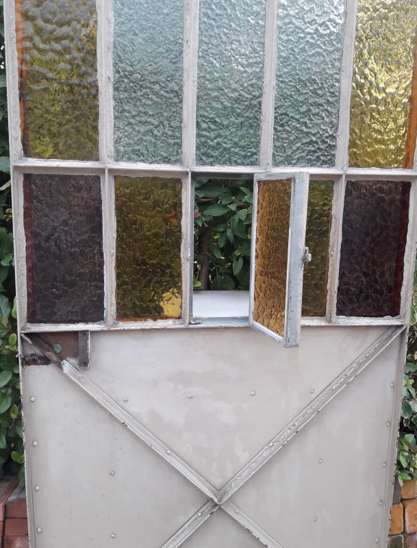 Workshop door 258.4x98.5cm in iron and colored cathedral glass