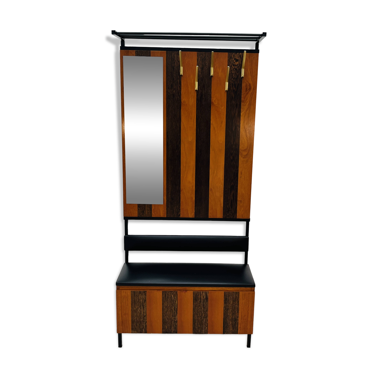 Vintage wall coat rack with storage bench from the 1970s.