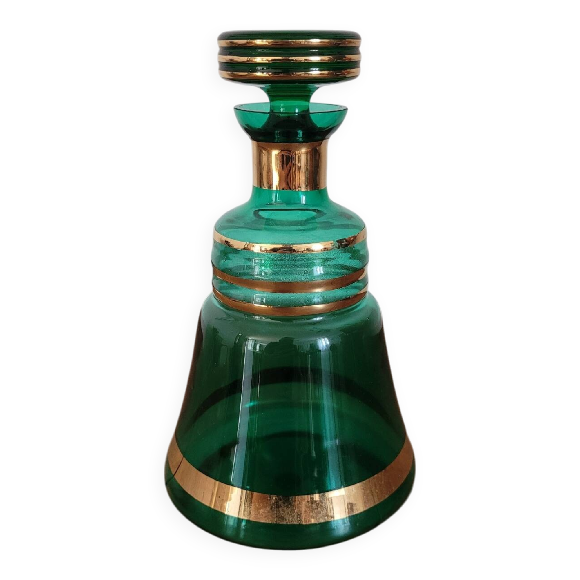 Green and gold glass carafe