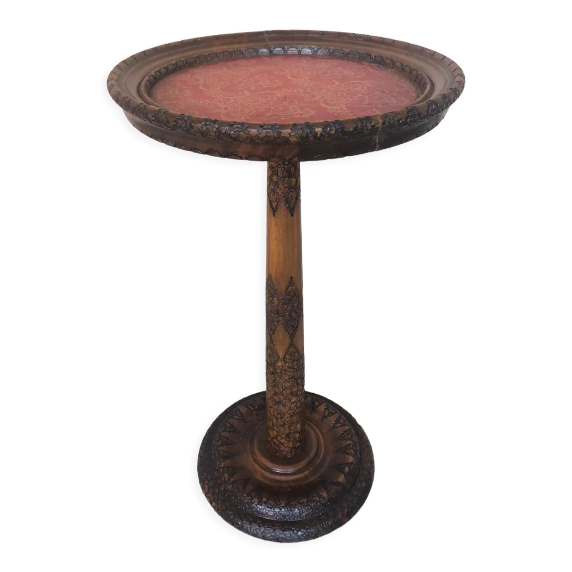 Sellette table appoint bois sculpté & plateau rouge vintage #a020.