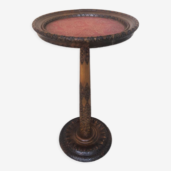 Sellette table appoint bois sculpté & plateau rouge vintage #a020.