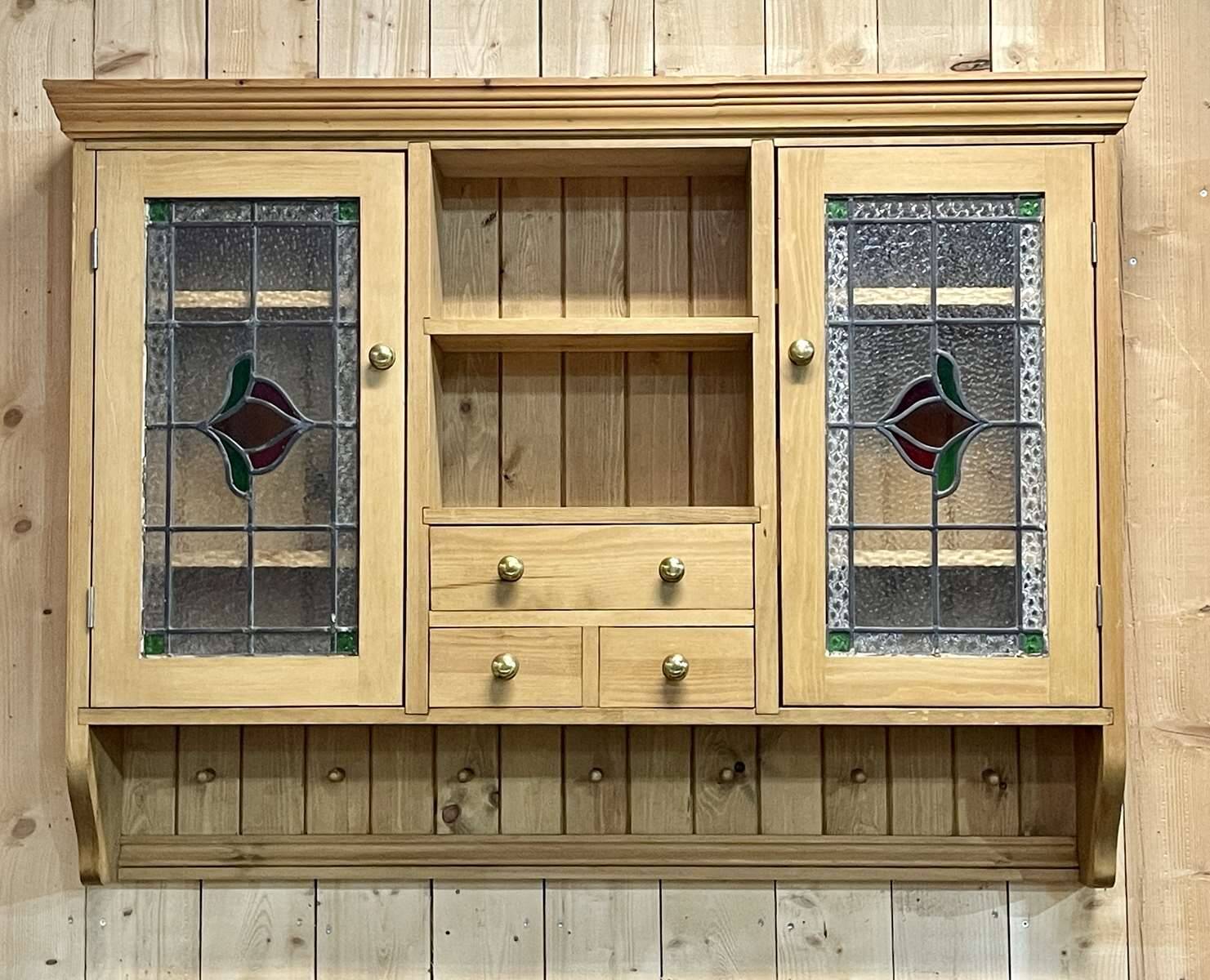 English wall cabinet in fir with old stained glass windows - 1980s