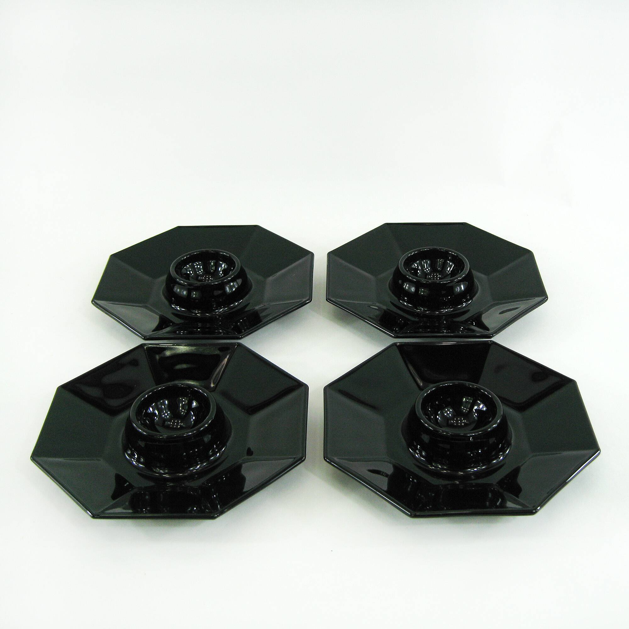 4 egg cups in opal and black tempered glass - Octime Arcoroc Luminarc France - vintage 80s