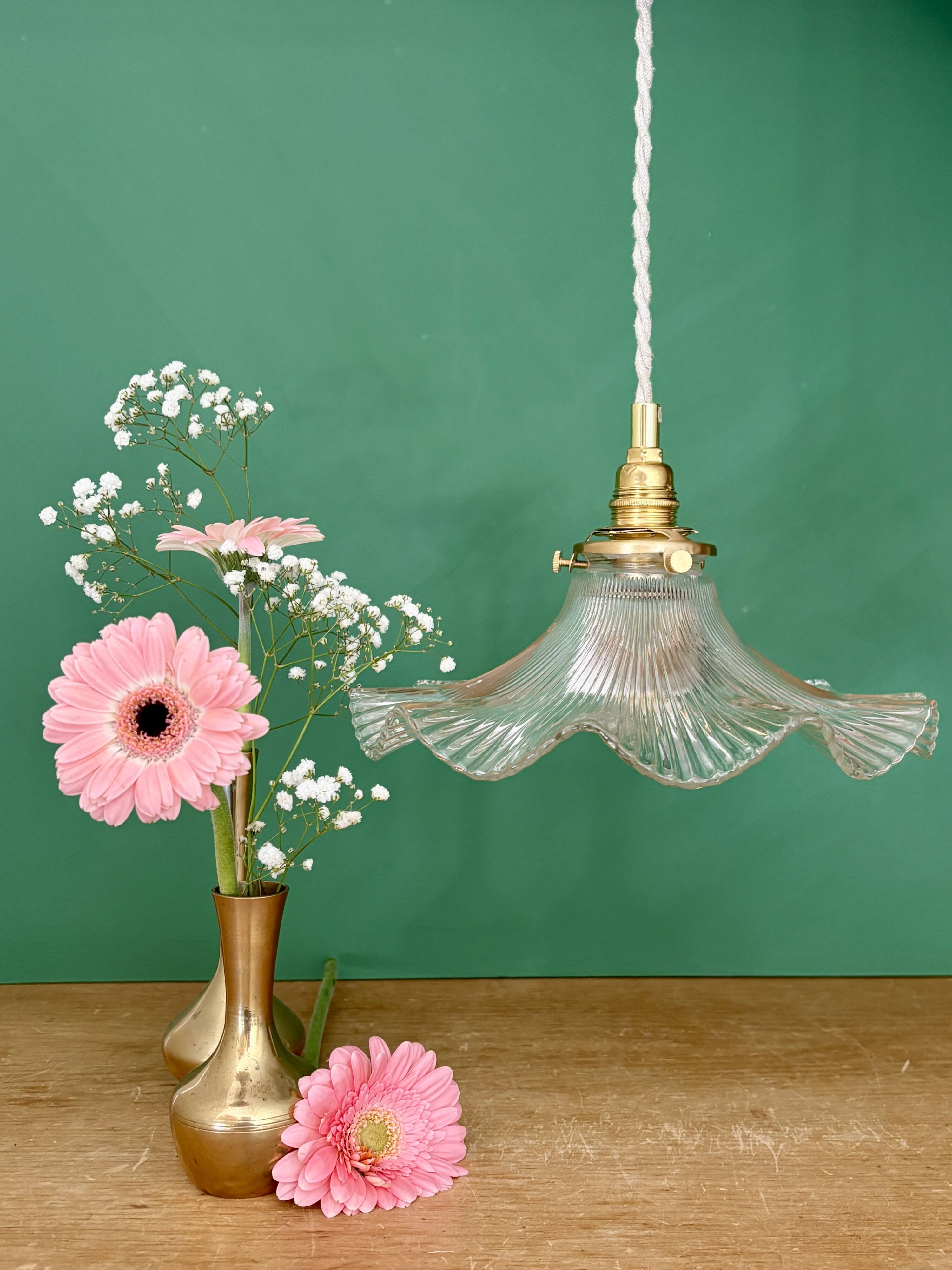 Suspension abat-jour vintage en verre holophane