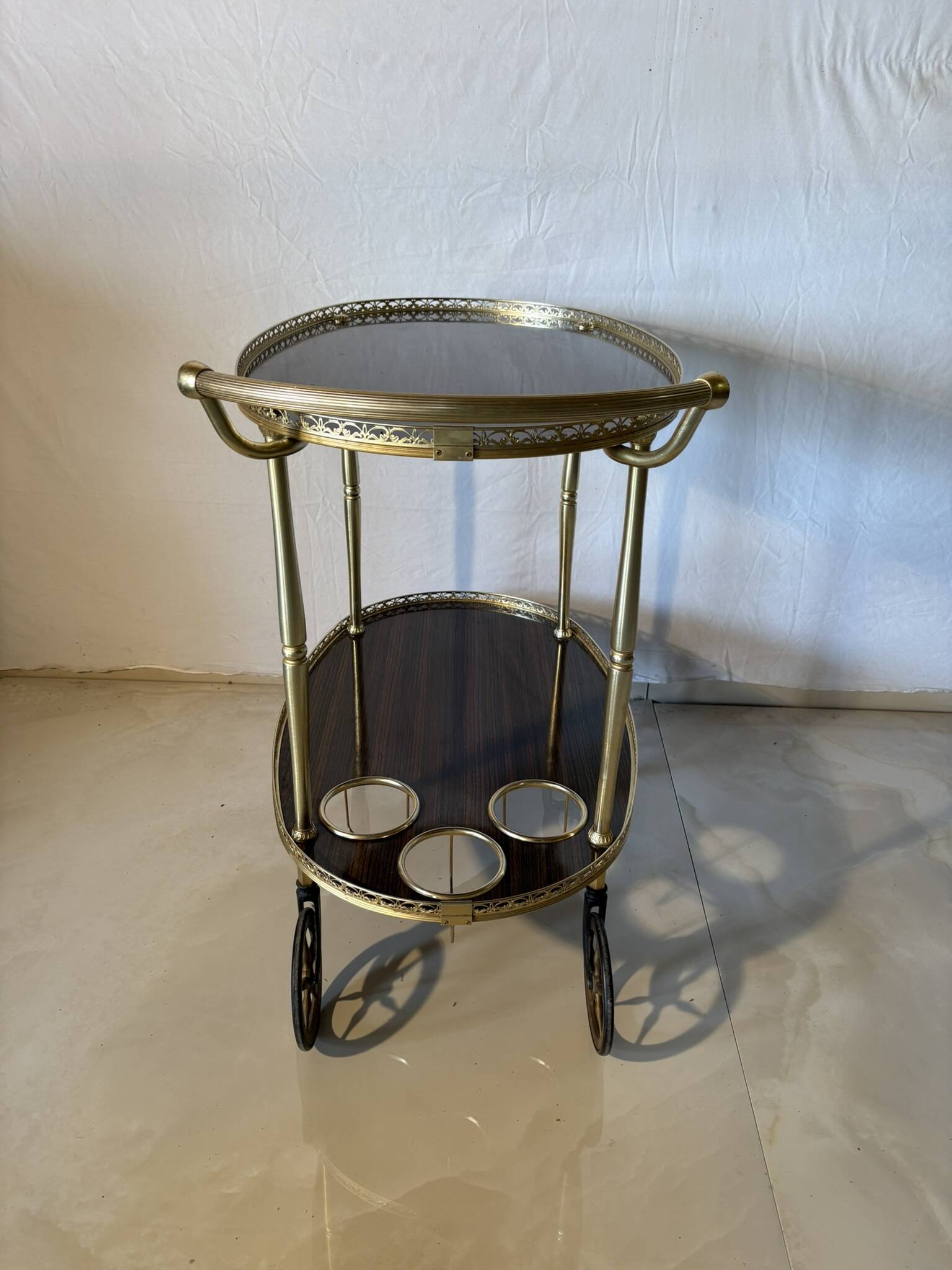 Vintage brass and dark wood serving trolley – 1960s