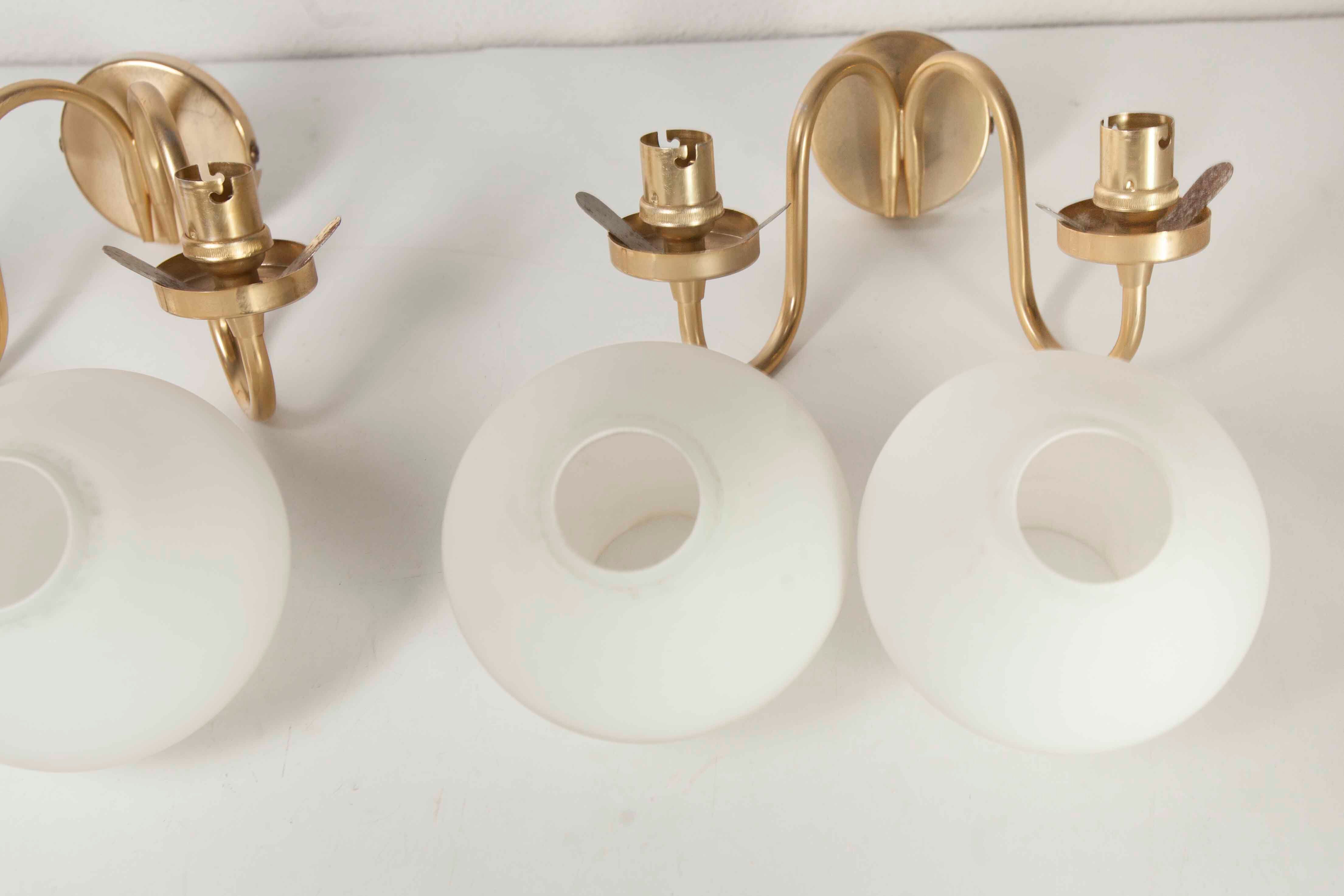 Pair of 60s brass and opaline sconces